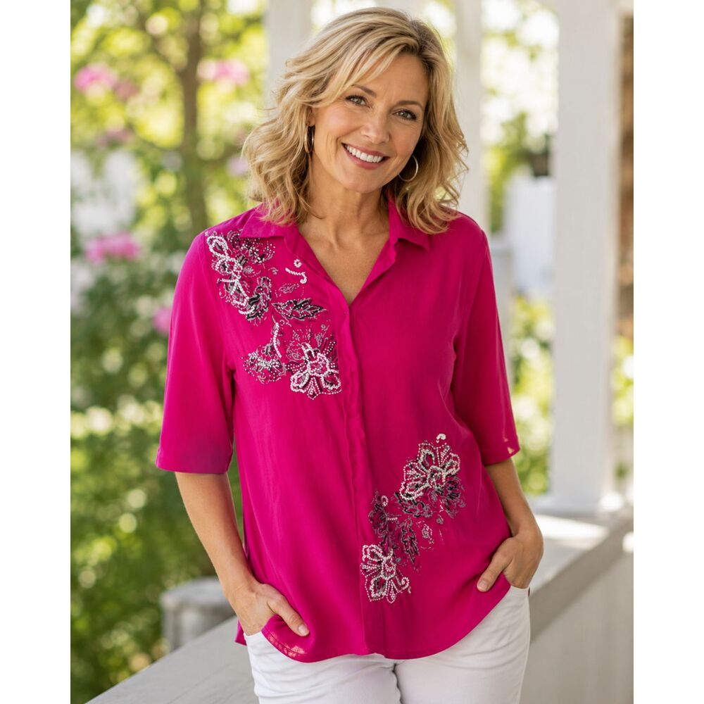 Three Hearts Women's Small Pink Floral Sequin Embroidered Button Up Shirt Top